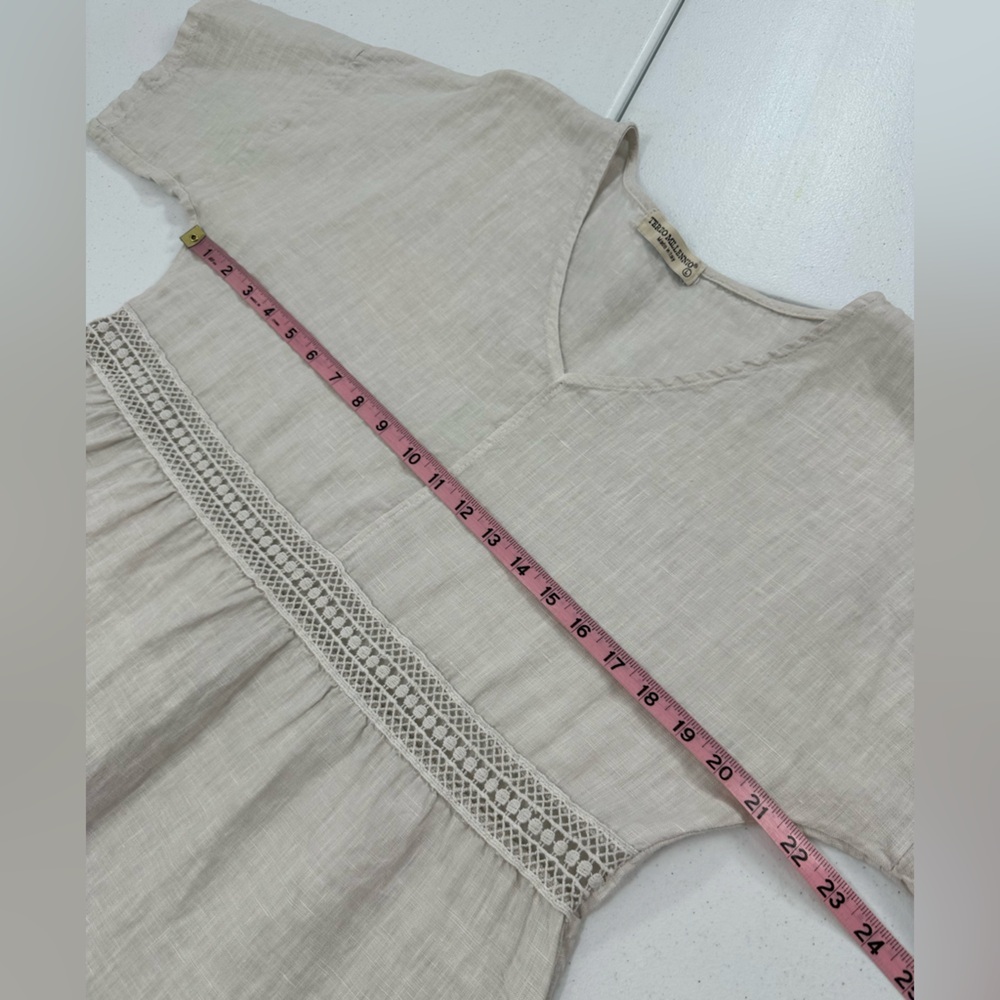 Terzo Millennio Made In Italy Neutral Linen Lace Trim Short Sleeve Blouse Top L - Picture 4 of 8